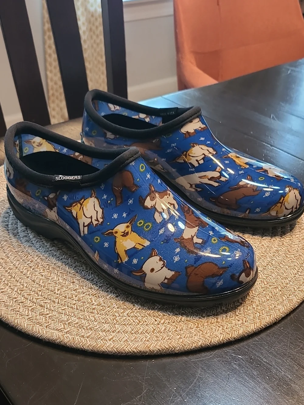Sloggers Blue Lil Goat Pattern Waterproof Slip-On Clogs Size 9